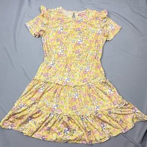 BCBG Girls Floral Dress L 14/16 Yellow Ruffle Tiered Cottagecore
